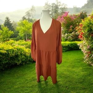 Source Unknown Orange V-Neck Bishop Sleeve Dress